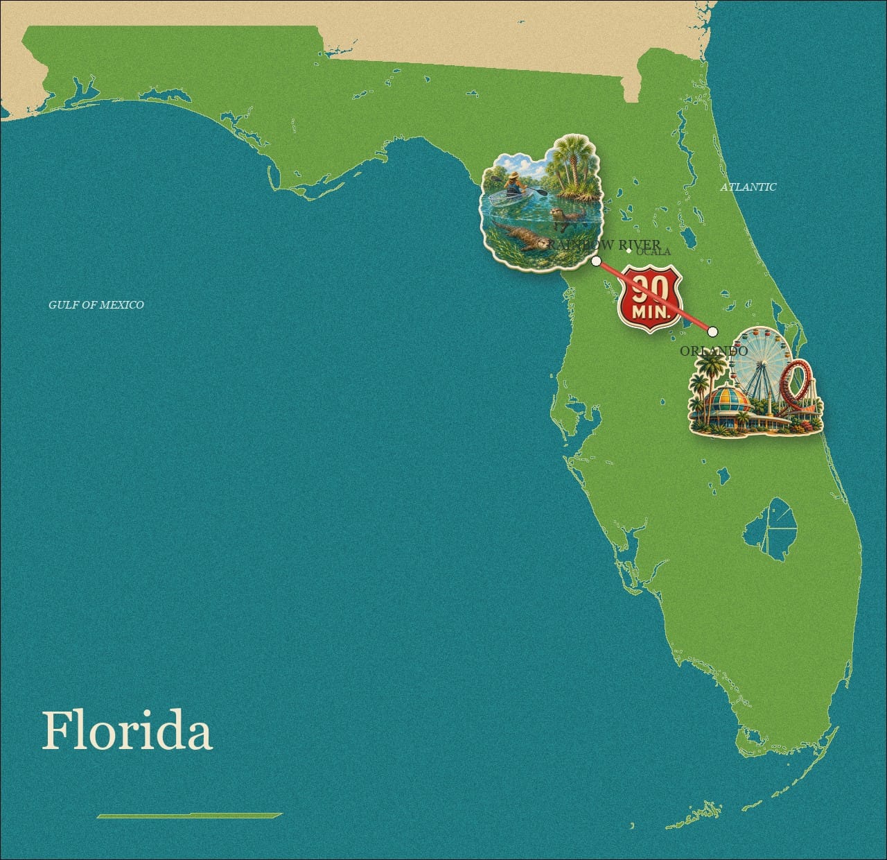 Illustrated Florida map with a 90-minute route from Orlando to Rainbow River