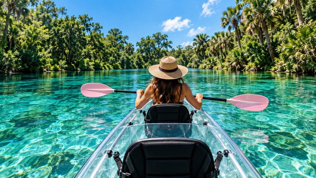 A guest paddling a clear kayak down a crystal Florida spring