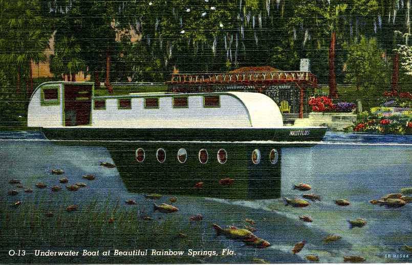 1941 postcard of the Nautilus underwater boat at Rainbow Springs, showing circular portholes below the waterline