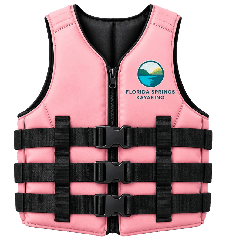 A pink Florida Springs Kayaking life jacket with three buckled straps